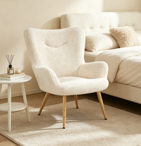 Boucle Vanity Chair, Fluffy Accent Armchair, High Back, Wood-Tone Metal Legs, Soft Barrel Back, Ivory